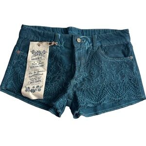 Farm Rio Teal Blue Crochet Overlay Denim Shorts BNWT High Rise Size 38